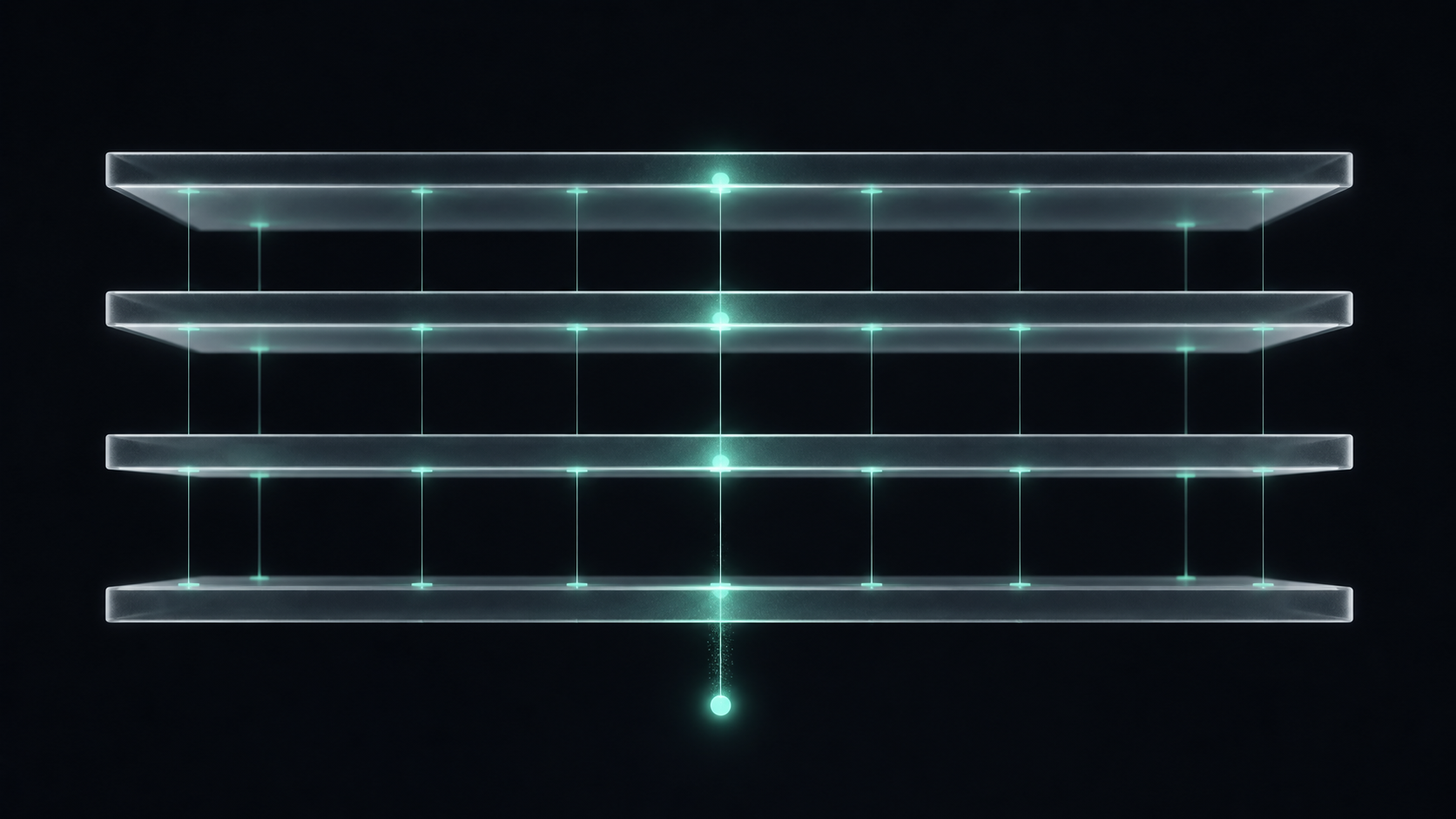 Four stacked translucent glass layers linked by glowing mint threads with a bright particle descending through them, the cover image for the AI automation stack