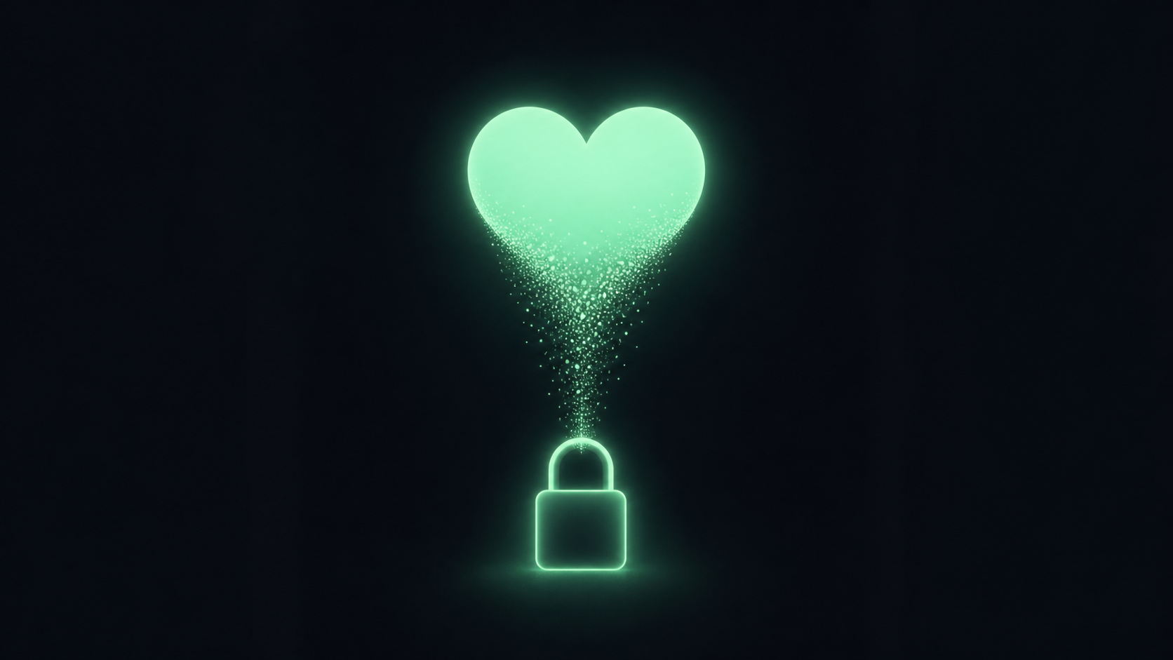 A glowing mint heart dissolving into a particle stream that pours down into a closed padlock, the anonymous like button's privacy motif