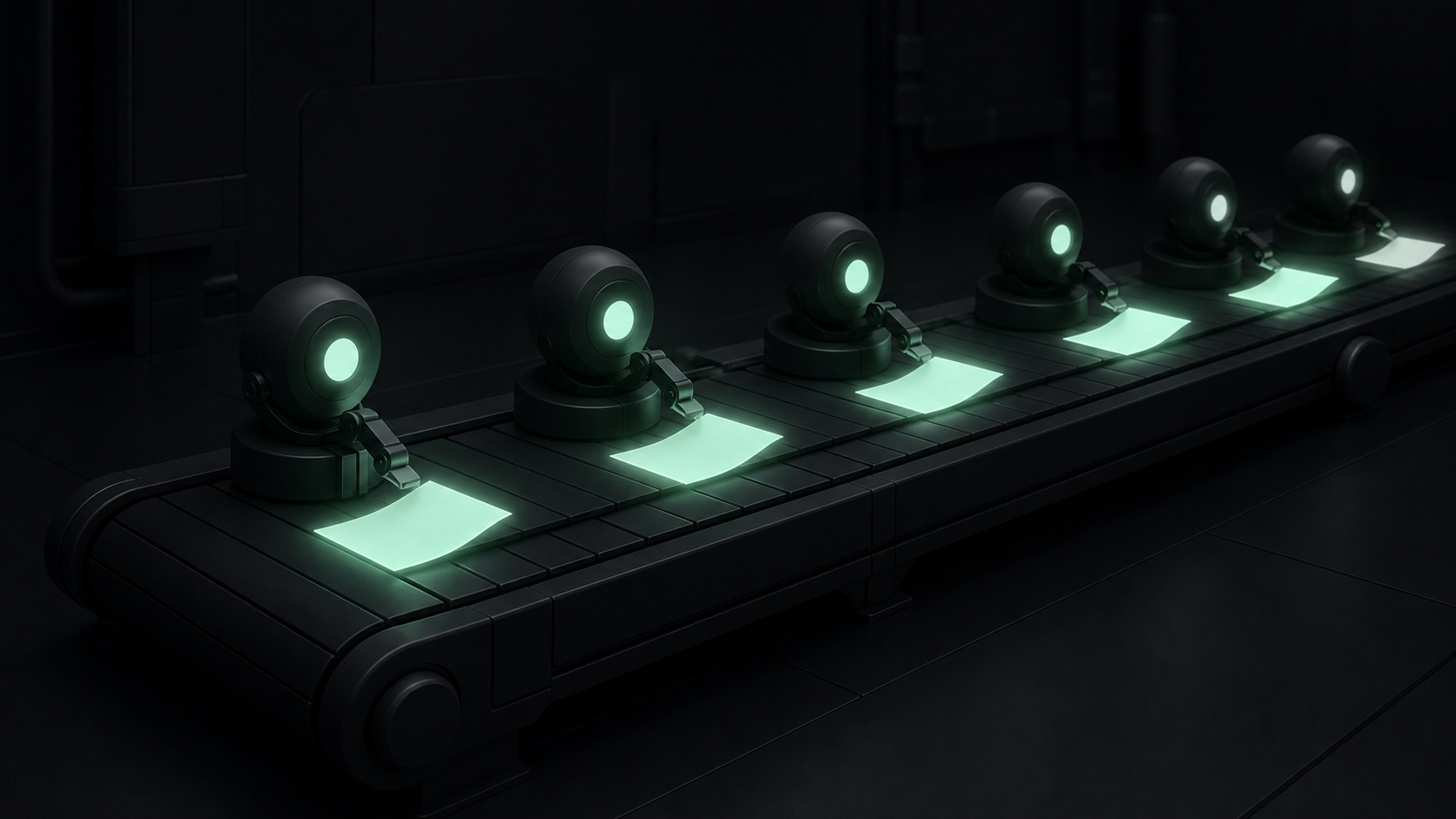 A dark conveyor line of small glowing mint agent-nodes passing one document down the assembly line that automates blog writing