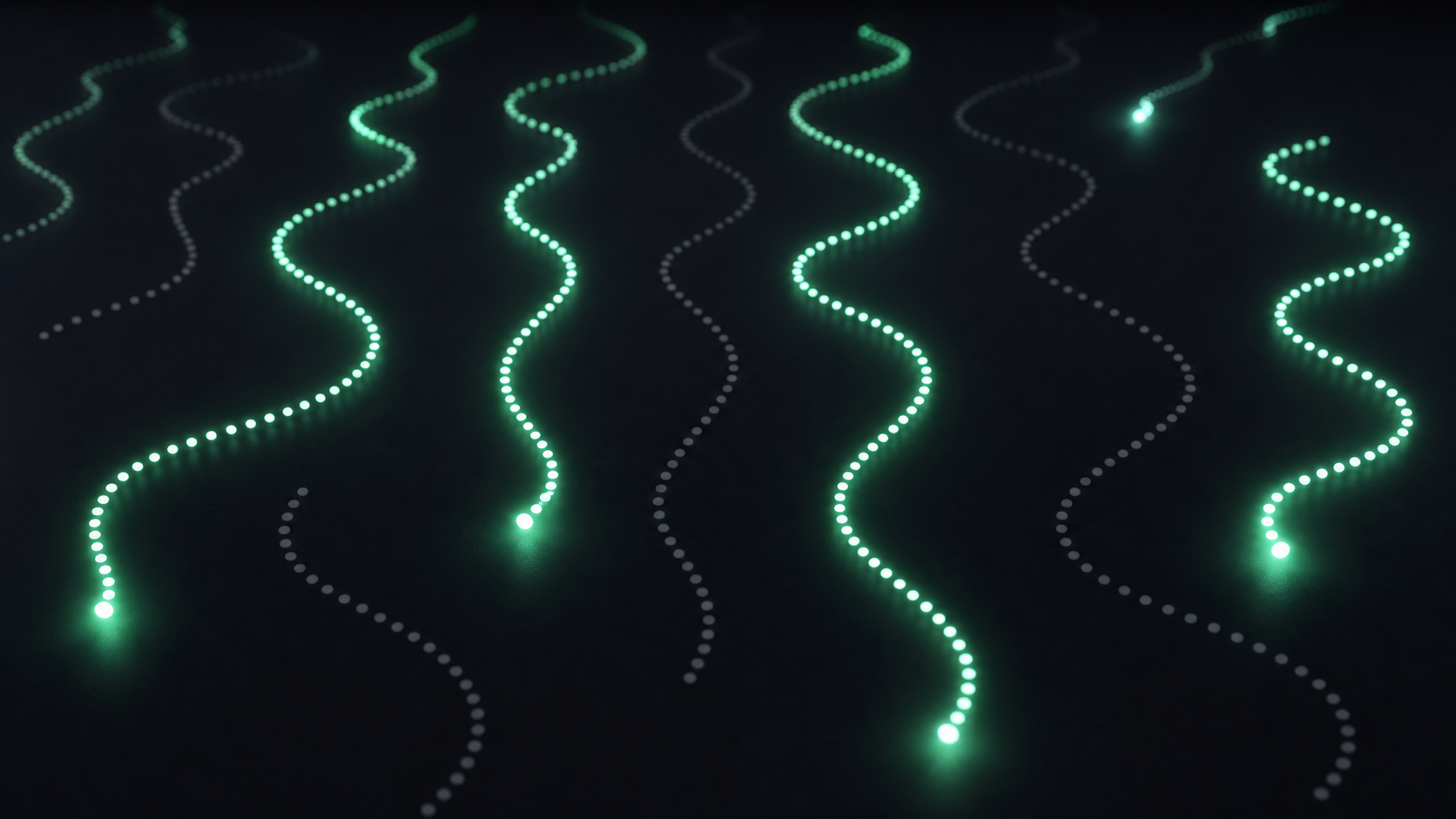 Several winding paths of glowing dots on a dark field, some reaching bright mint endpoints and others fading into dark dead-ends, the cover image for building in public and showing the dead ends