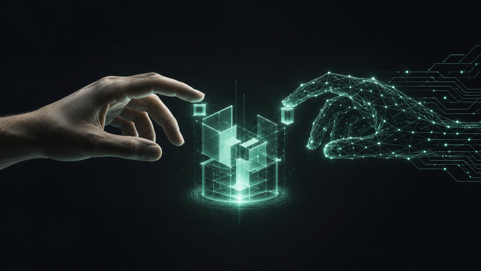 A human hand and a glowing mint AI hand reaching from opposite sides to assemble one luminous structure together, the cover image for whether an AI can run a business