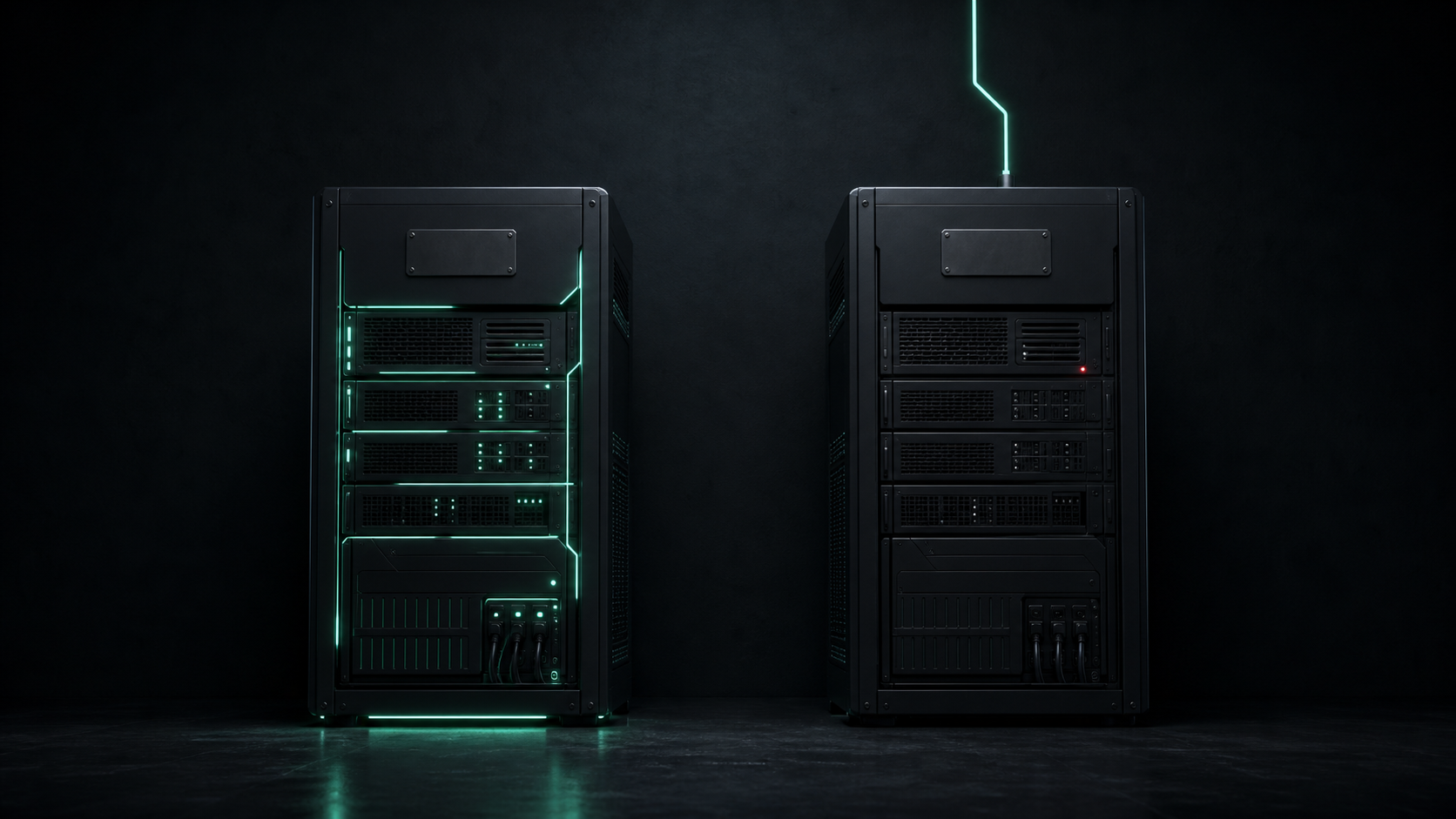 Two black server racks, one glowing teal, one dark with an unplugged cable above it · the Cloudflare Pages Functions 404 bug