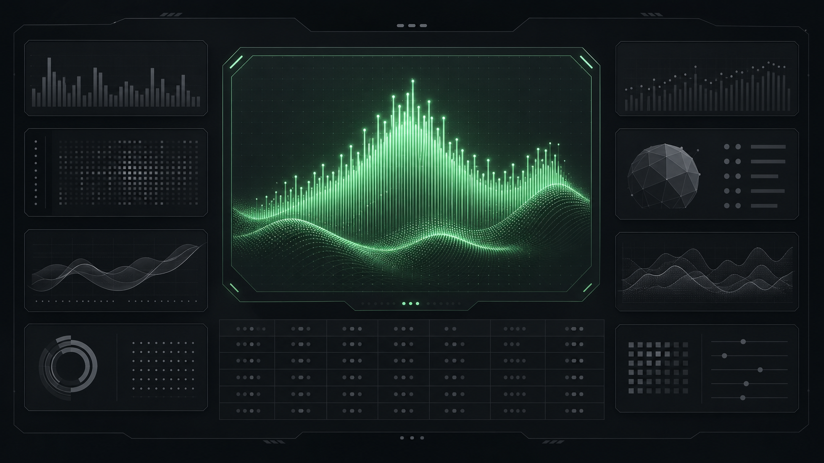 A dark instrument panel with one large mint-glowing metric standing out among muted grey ones, the honest dark dashboard design