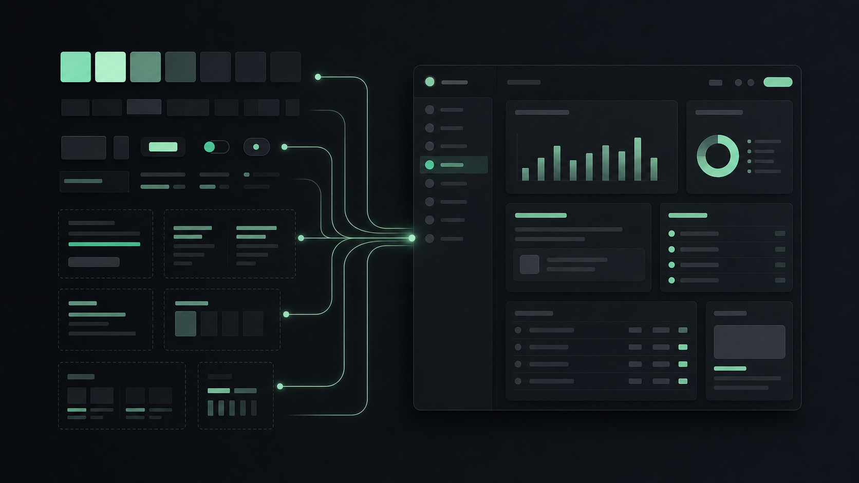 Mint and charcoal color-token swatches and type samples flowing along mint lines into one coherent UI, the CSS-variable design system