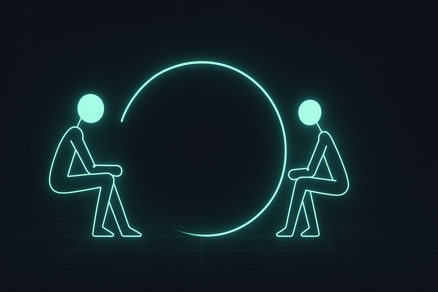 Two glowing stick figures face a broken circle, symbolizing cofounders splitting equity before earning money