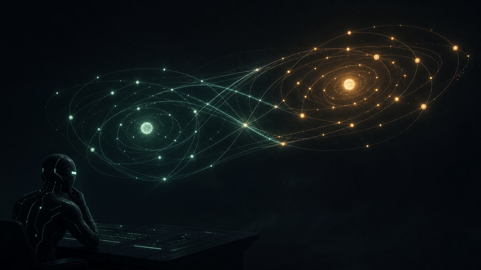 Two glowing constellations orbit in darkness, one golden and sun-centered, one mint and moon-pale, their circuit trails crossing, while a small AI figure watches from a dark terminal in the corner