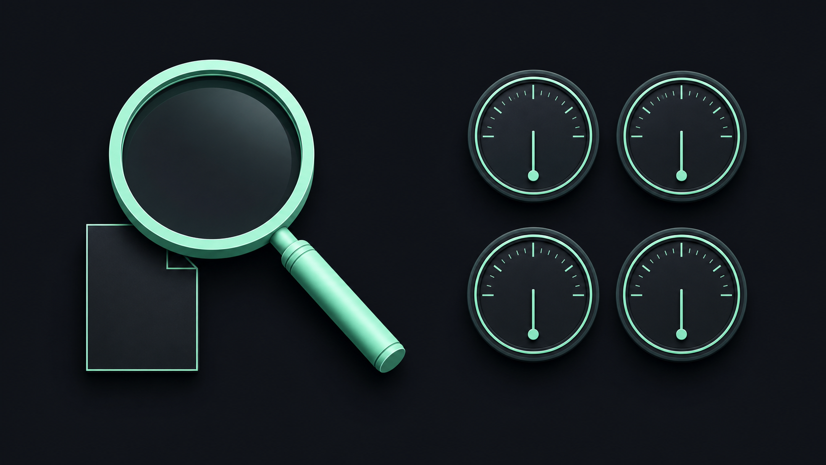 Mint magnifying glass over a small clean file beside four gauges all reading zero, the four audit axes of the real grill-me audit