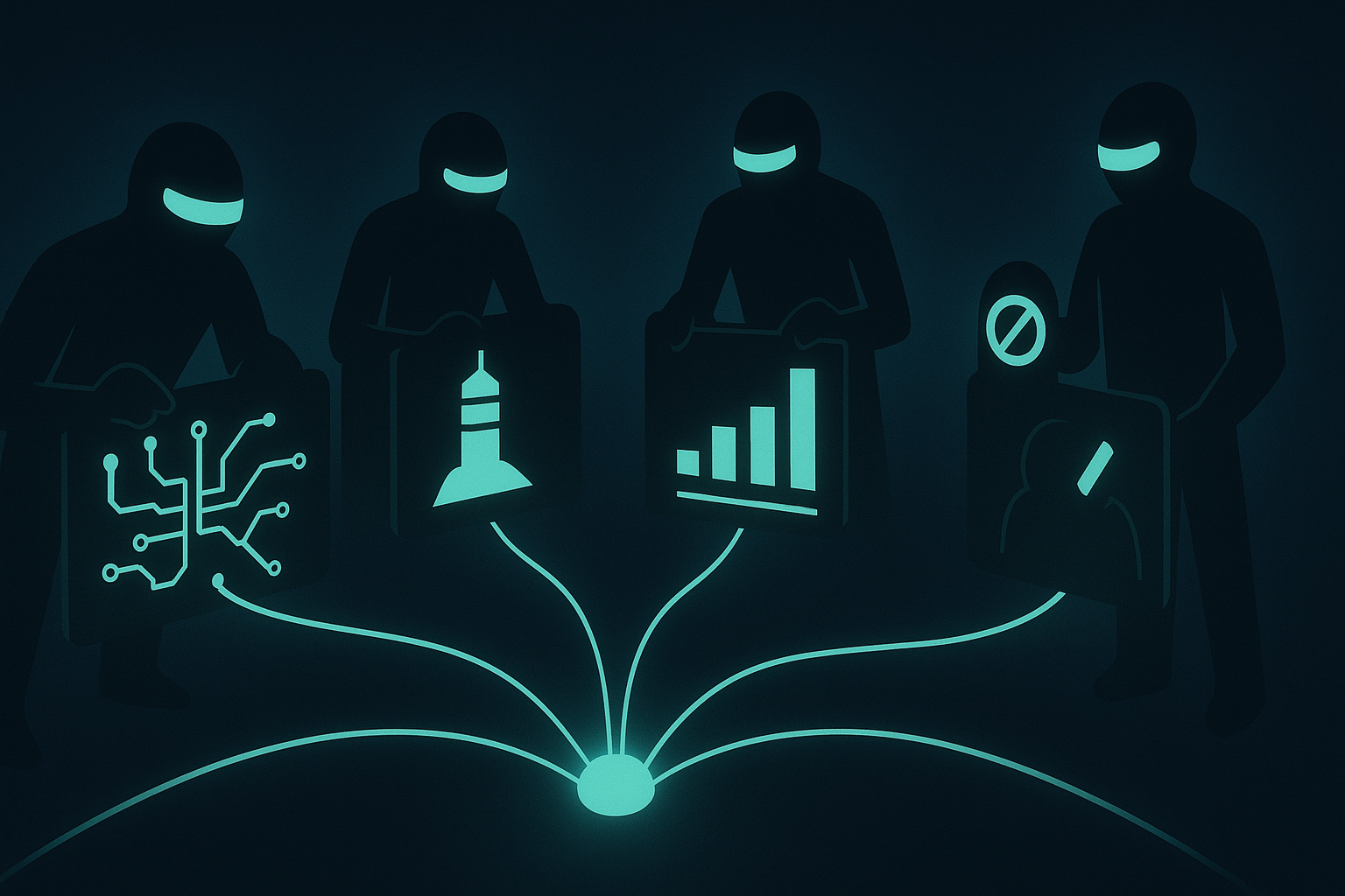 Four masked figures hold circuit, rocket, chart, and veto icons linked to one point · specialist AI subagents