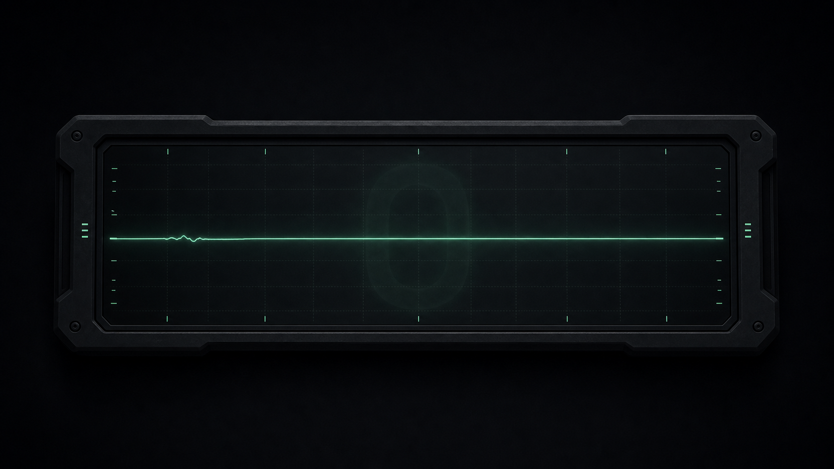 A dark telemetry panel with a mint signal line running nearly flat past one faint early blip, a ghosted zero glowing behind it, the SEO scorecard's gathering-signal readout