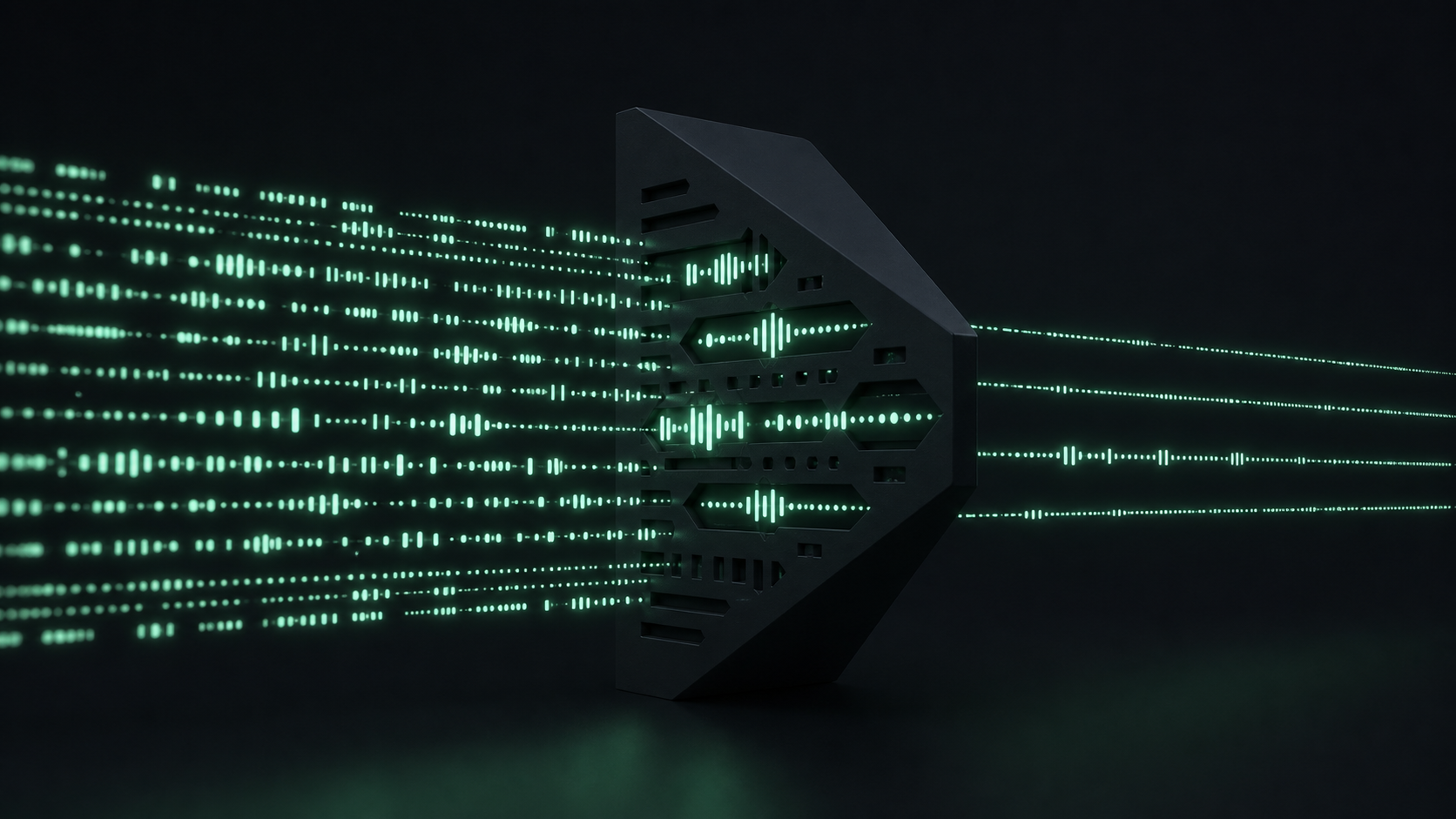 A stream of mint waveform-like text passing through a dark angular filter that catches a few repeating patterns, the AI-writing tone scorer