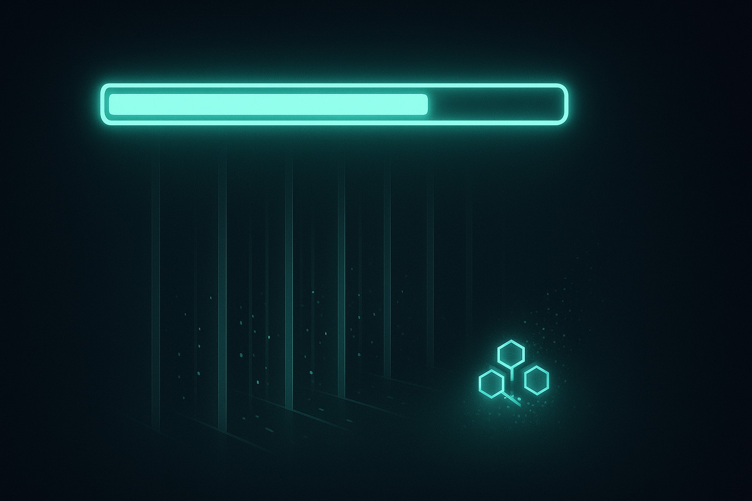 A glowing teal progress bar above dark server racks and token-shaped hexagons, illustrating rate limiting an LLM API