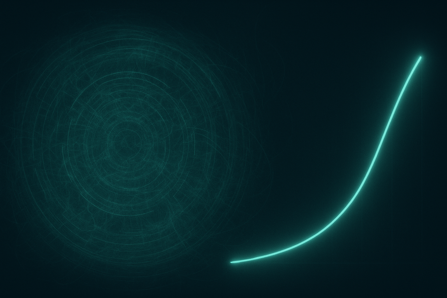 A glowing teal curve sweeps upward beside faint concentric rings, visualizing automated game balancing data