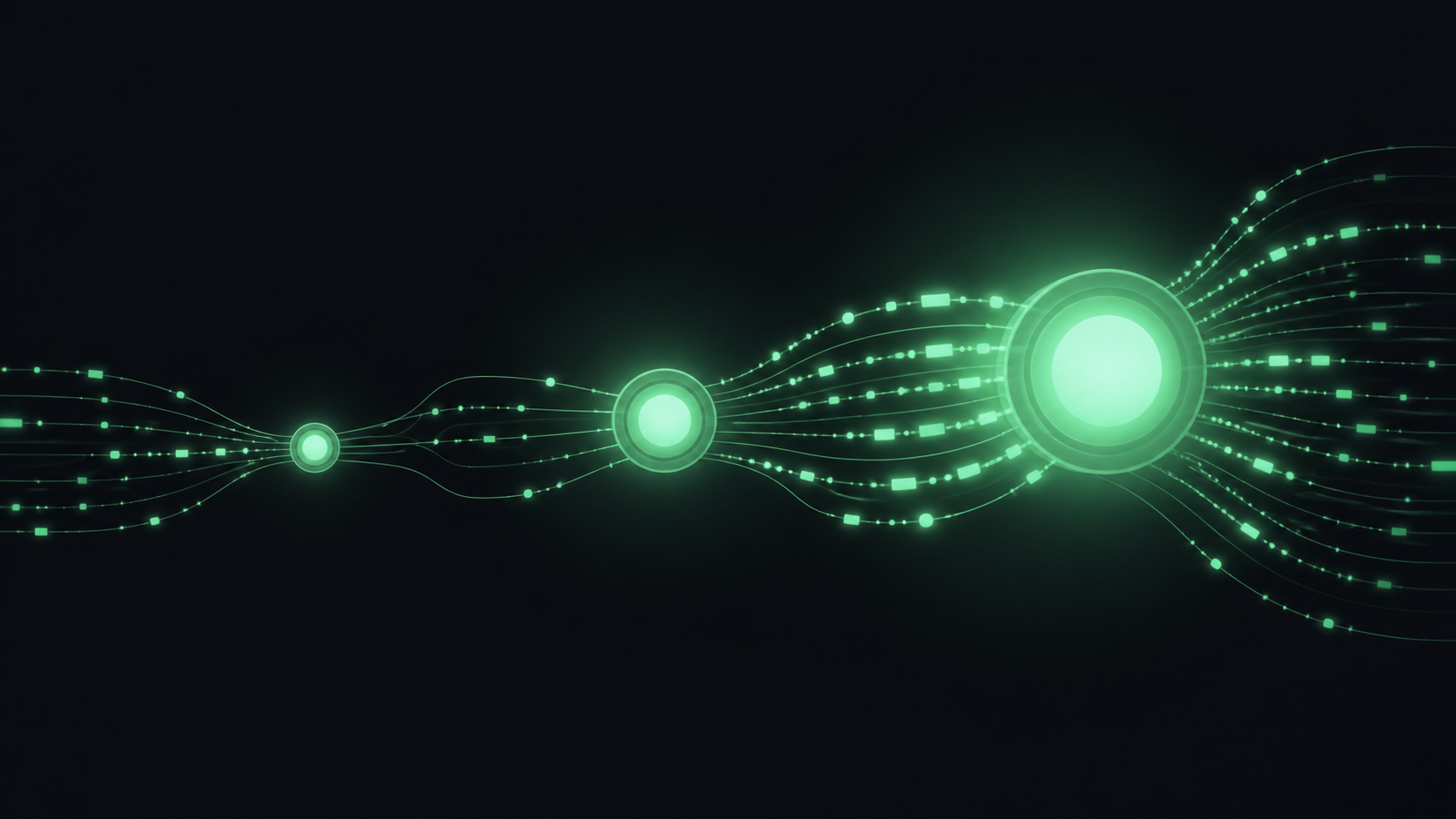 Three glowing mint nodes of increasing size on a dark field, tasks routed to each by weight, matching Claude model tier to task