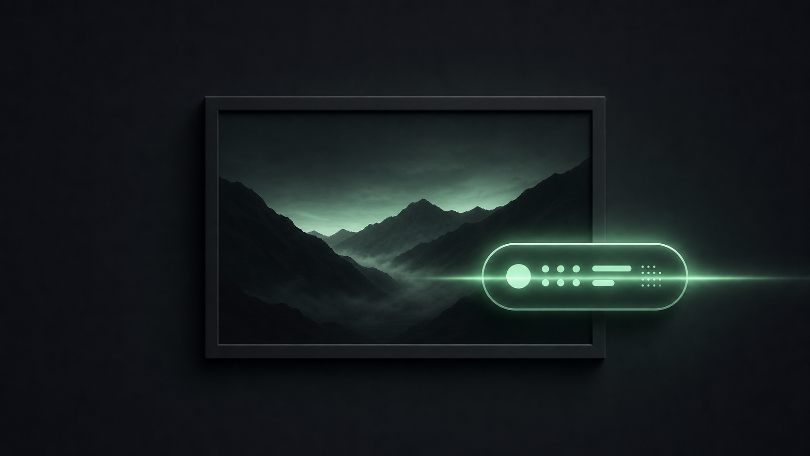 A dark image frame emitting a glowing mint description label read by a soft scanning beam, the accessibility-first alt text motif